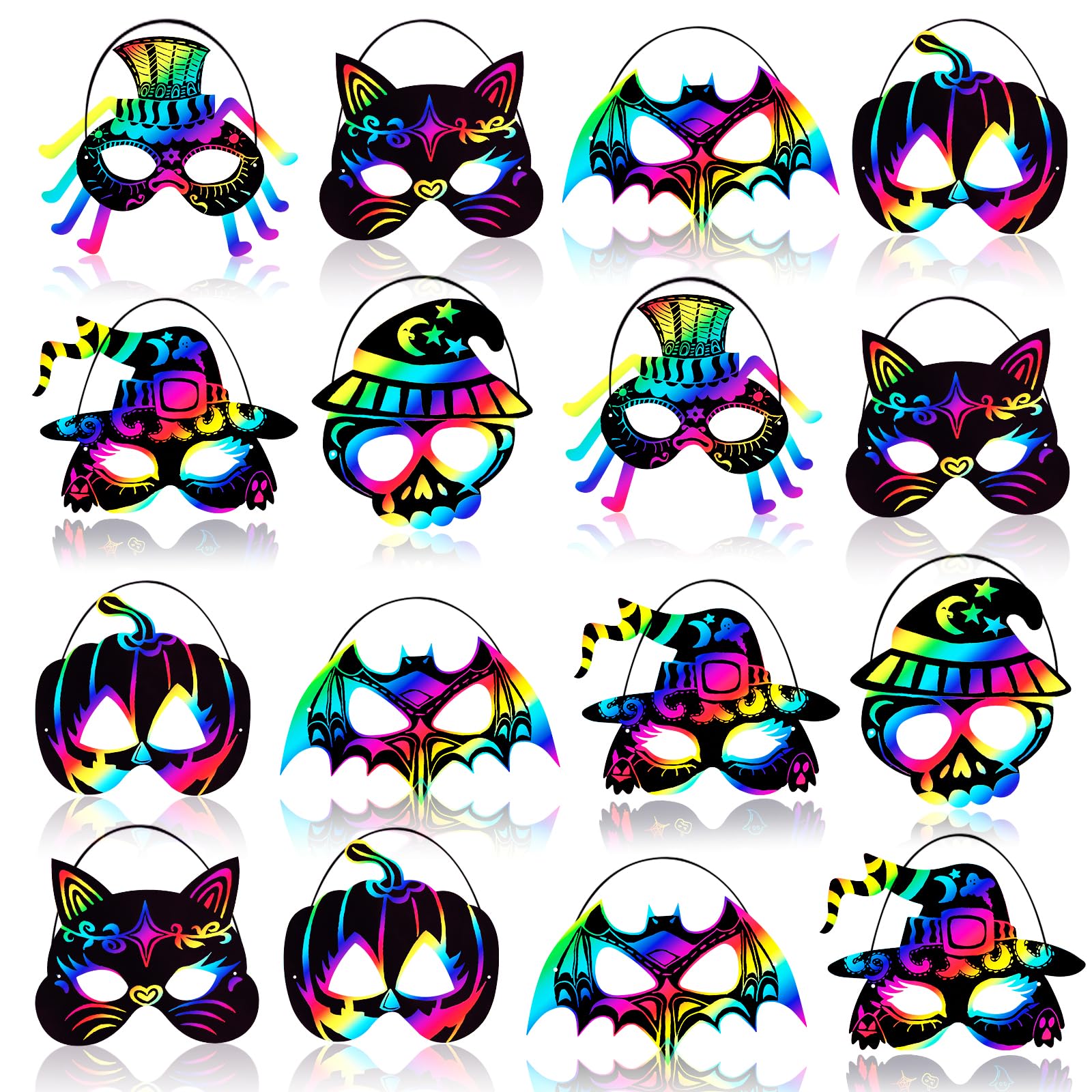 Max Fun 48-Piece Halloween Scratch Art Mask Kit – Rainbow Masks with Wooden Styluses for Parties and Classrooms