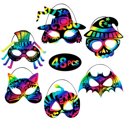 Max Fun 48-Piece Halloween Scratch Art Mask Kit – Rainbow Masks with Wooden Styluses for Parties and Classrooms