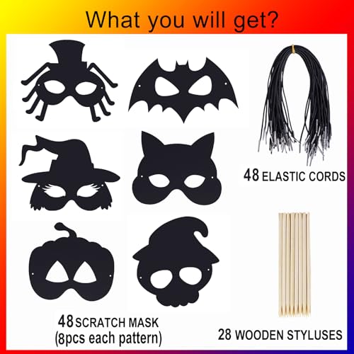 Max Fun 48-Piece Halloween Scratch Art Mask Kit – Rainbow Masks with Wooden Styluses for Parties and Classrooms