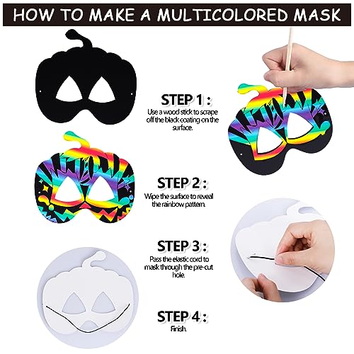 Max Fun 48-Piece Halloween Scratch Art Mask Kit – Rainbow Masks with Wooden Styluses for Parties and Classrooms