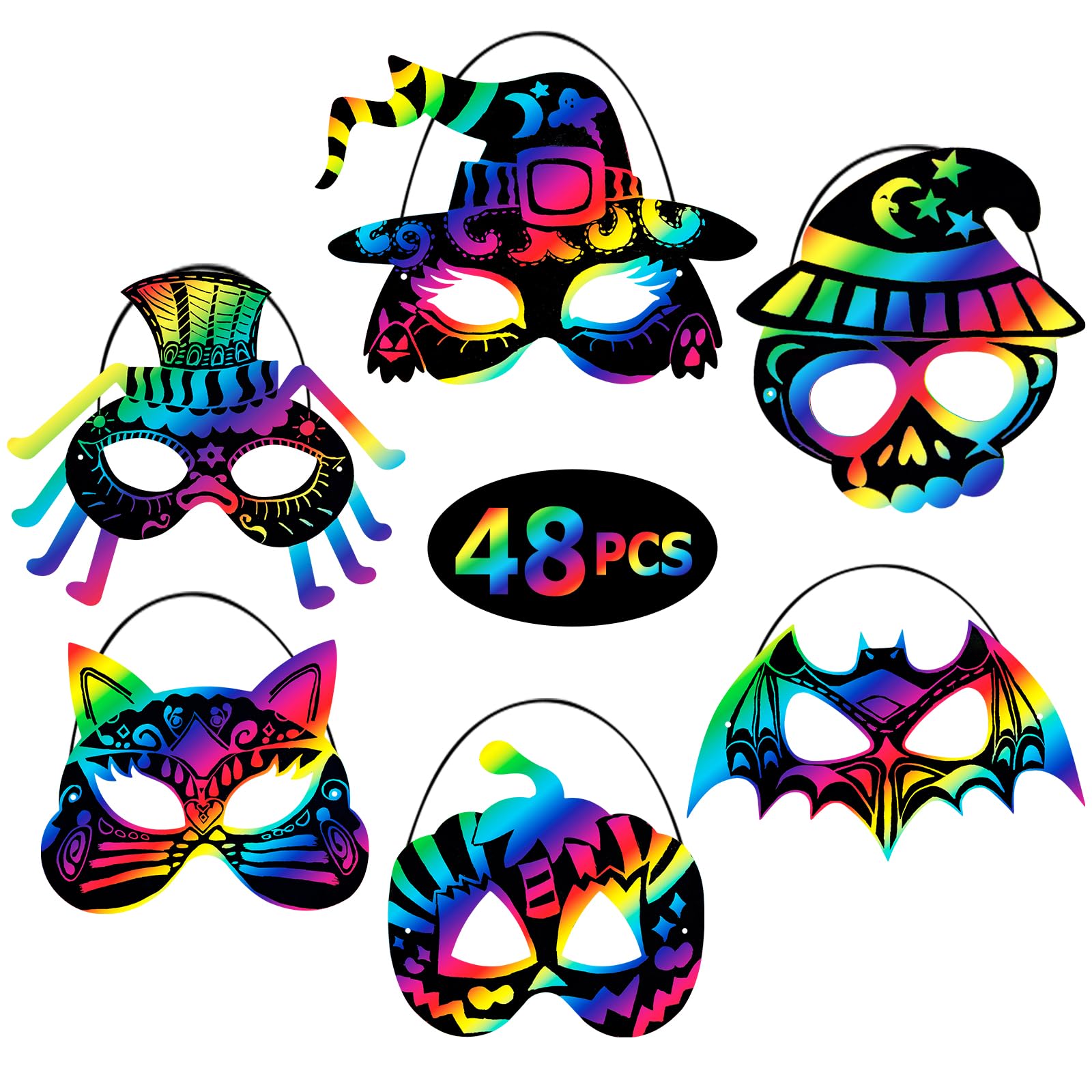Max Fun 48-Piece Halloween Scratch Art Mask Kit – Rainbow Masks with Wooden Styluses for Parties and Classrooms