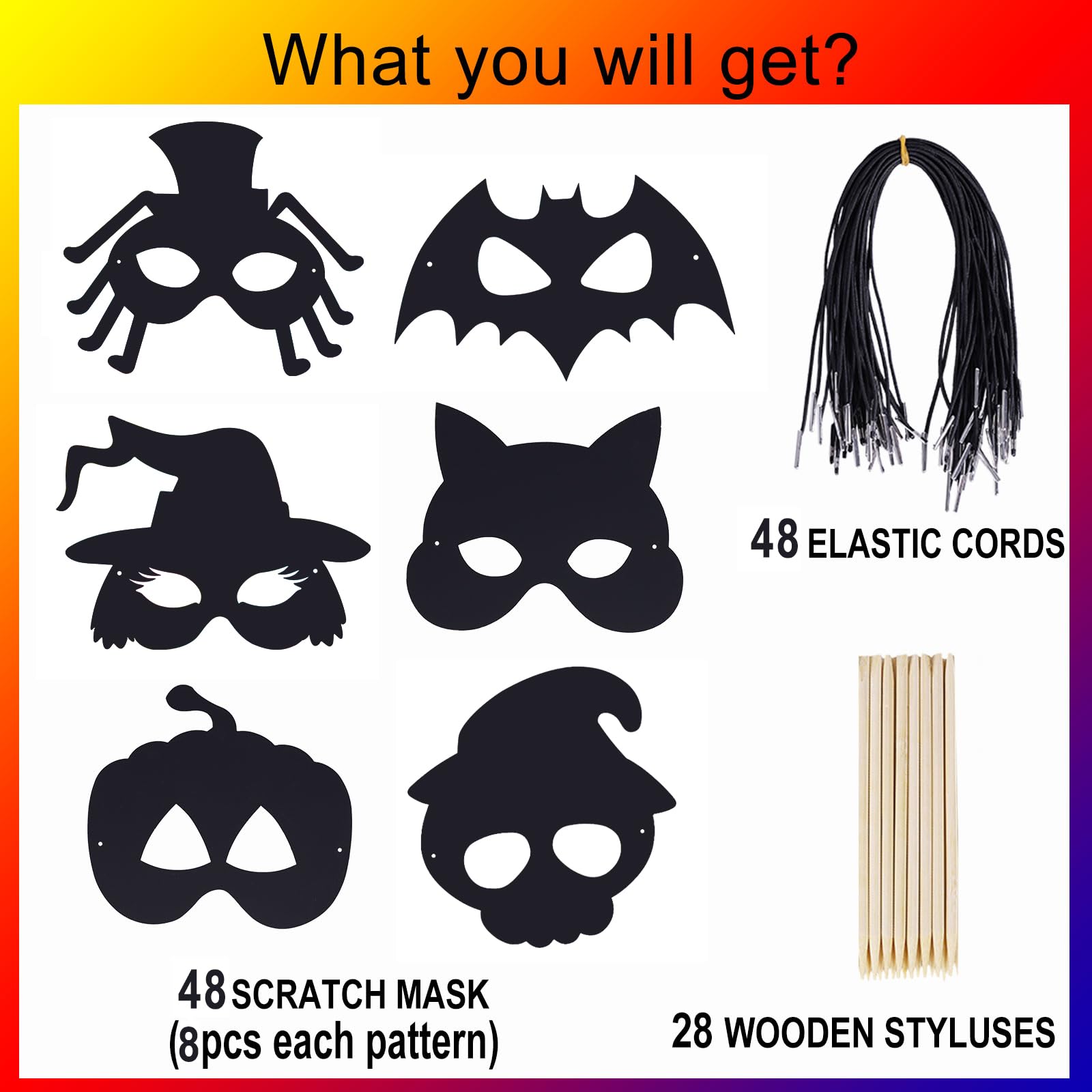 Max Fun 48-Piece Halloween Scratch Art Mask Kit – Rainbow Masks with Wooden Styluses for Parties and Classrooms