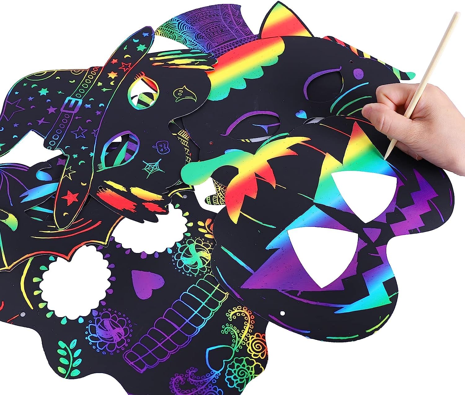 Max Fun 48-Piece Halloween Scratch Art Mask Kit – Rainbow Masks with Wooden Styluses for Parties and Classrooms