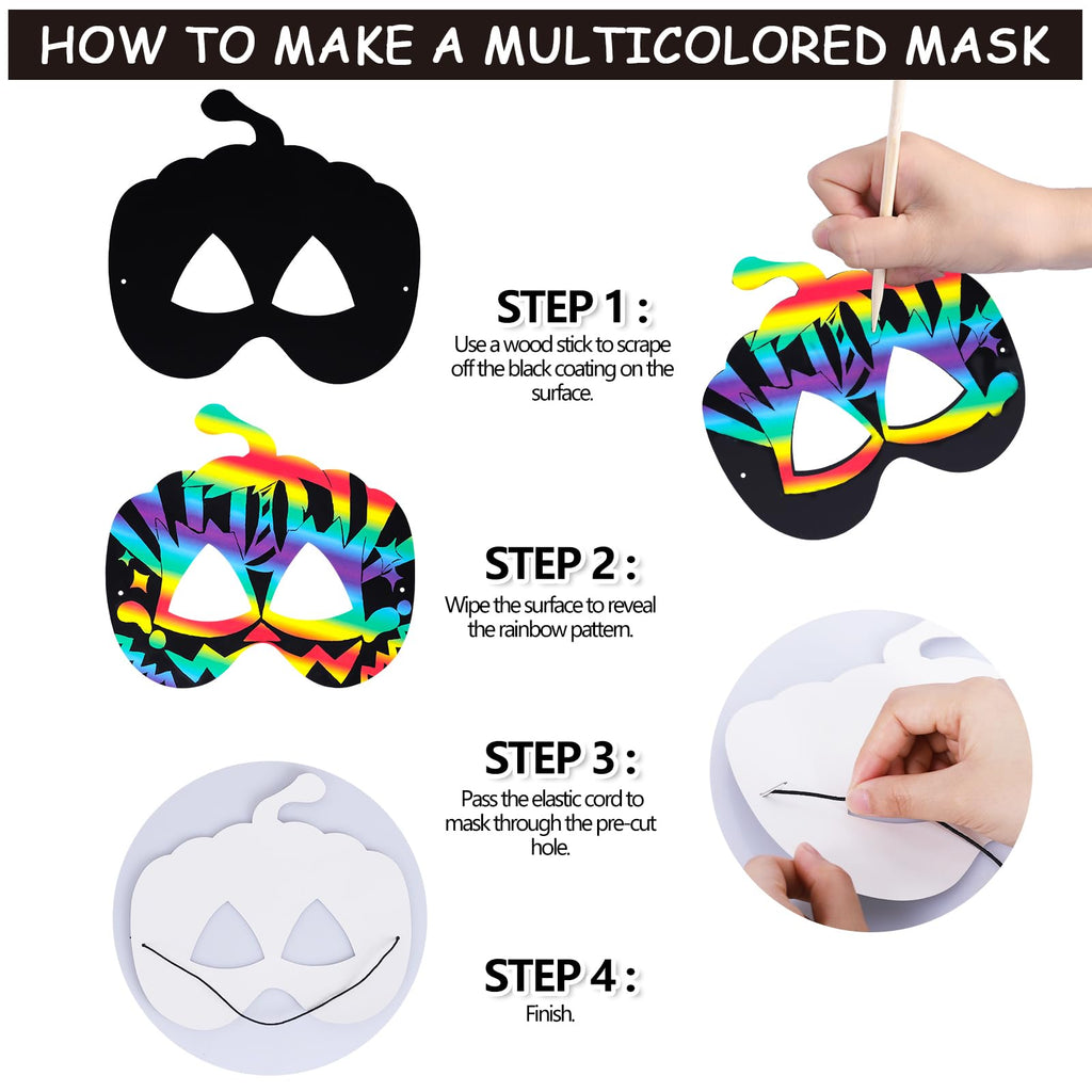 Max Fun 48-Piece Halloween Scratch Art Mask Kit – Rainbow Masks with Wooden Styluses for Parties and Classrooms