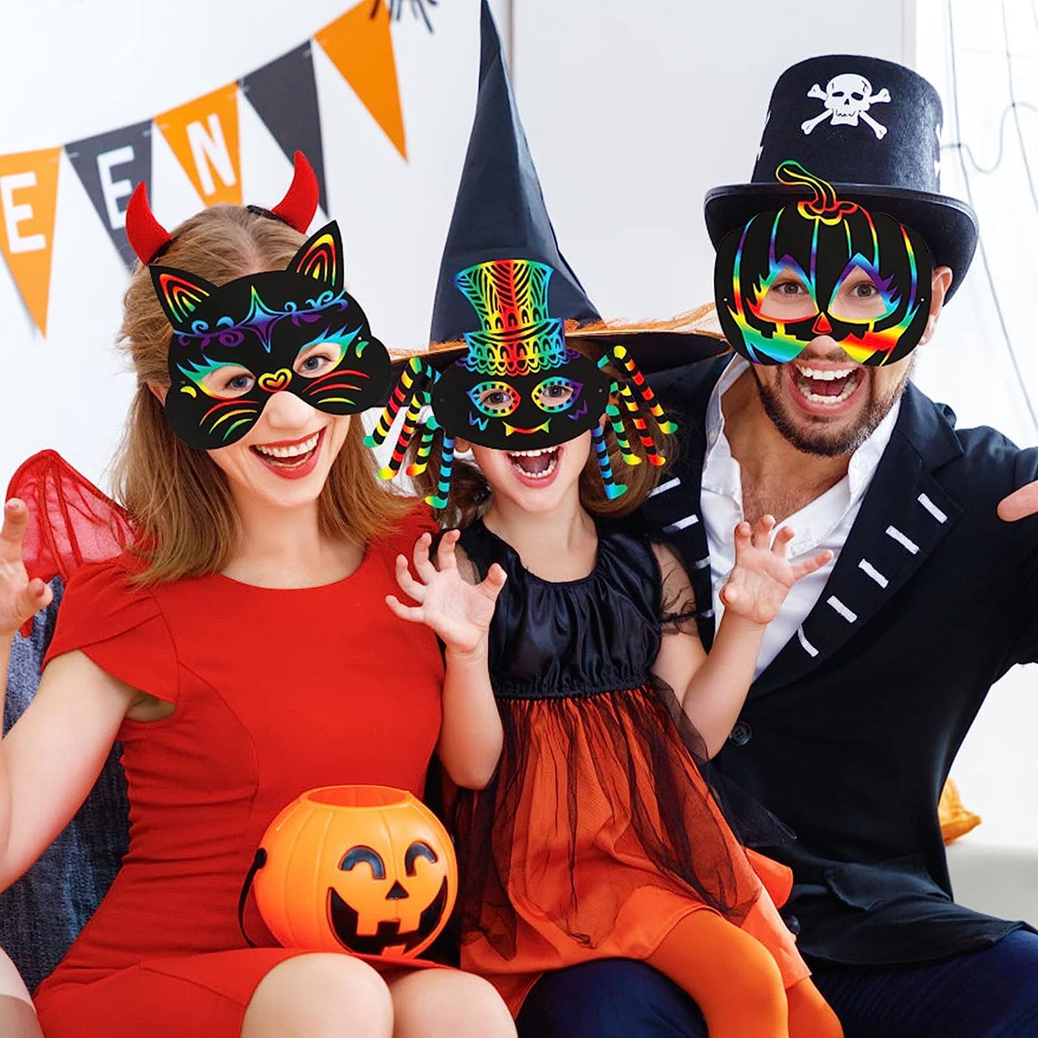 Max Fun 48-Piece Halloween Scratch Art Mask Kit – Rainbow Masks with Wooden Styluses for Parties and Classrooms