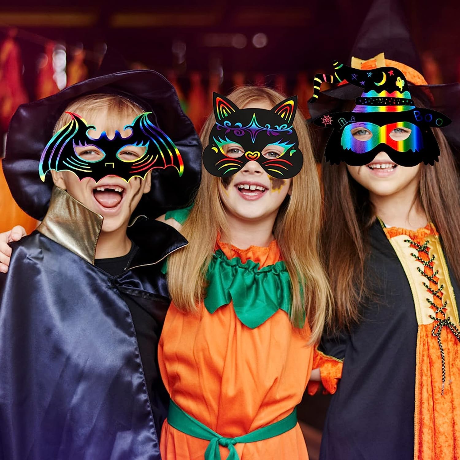 Max Fun 48-Piece Halloween Scratch Art Mask Kit – Rainbow Masks with Wooden Styluses for Parties and Classrooms