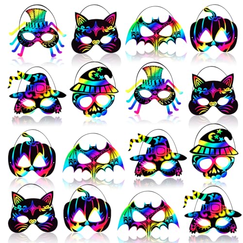 Max Fun 48-Piece Halloween Scratch Art Mask Kit – Rainbow Masks with Wooden Styluses for Parties and Classrooms