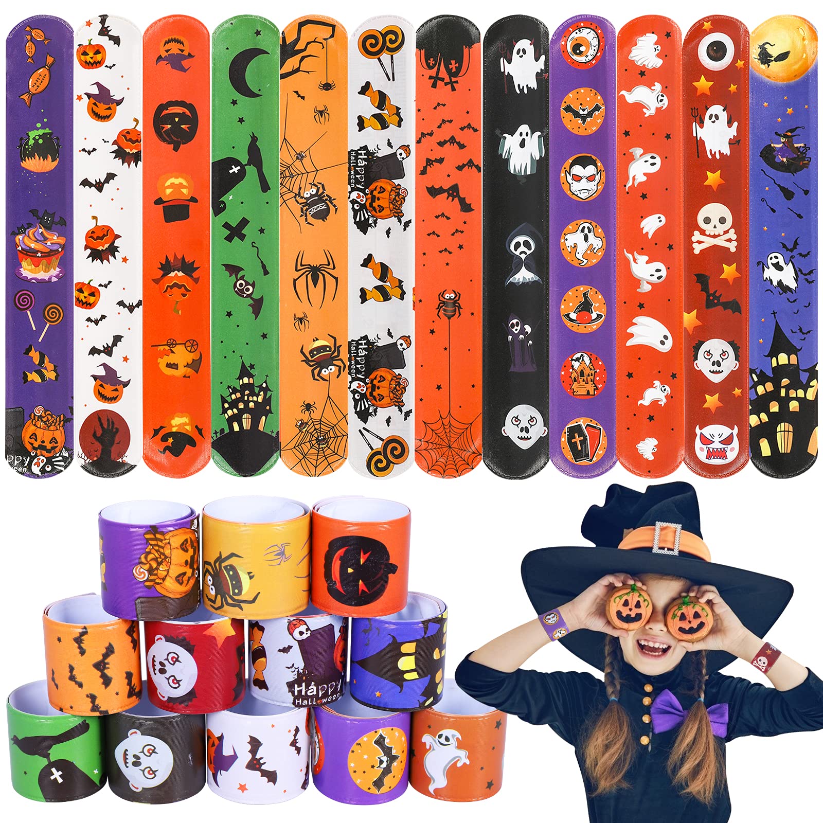 Max Fun 48pcs Halloween Slap Bracelets Party Favors for Kids, 12 Designs