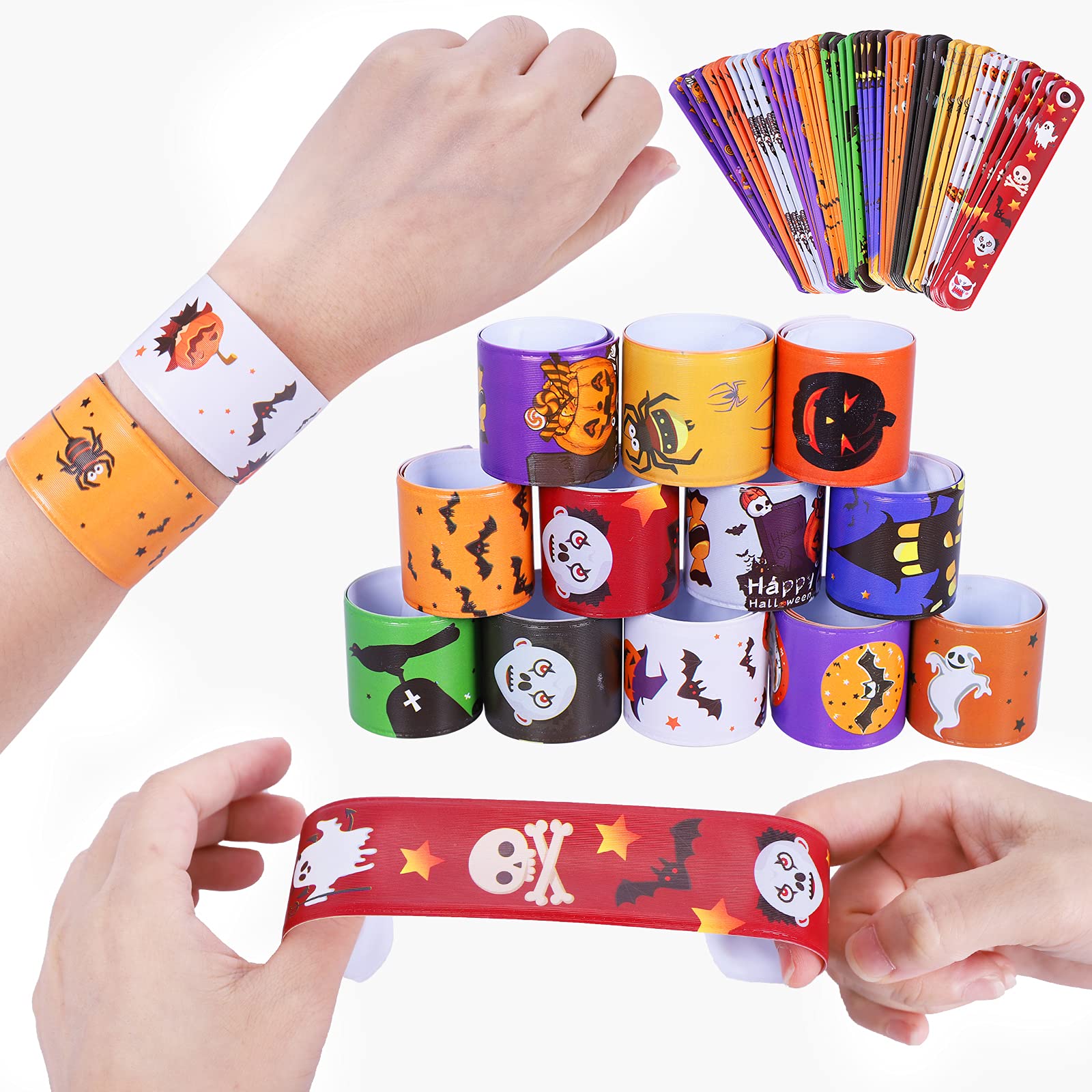 Max Fun 48pcs Halloween Slap Bracelets Party Favors for Kids, 12 Designs