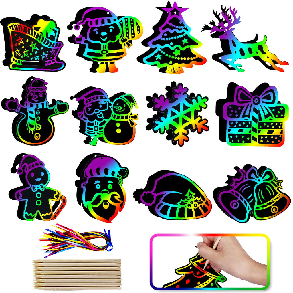 Max Fun Christmas Scratch Art Kit for Kids – 96 Pieces Rainbow Magic Scratch Off Ornaments