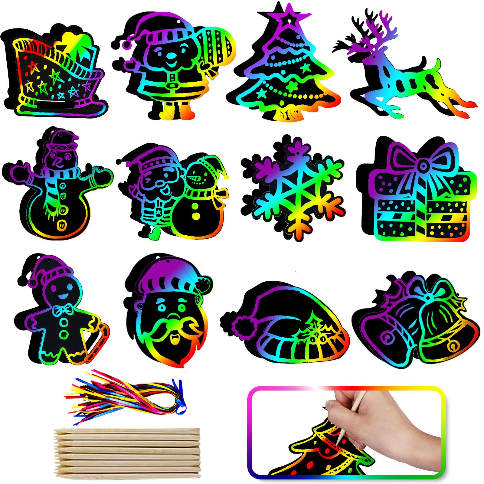 Max Fun Christmas Scratch Art Kit for Kids – 96 Pieces Rainbow Magic Scratch Off Ornaments