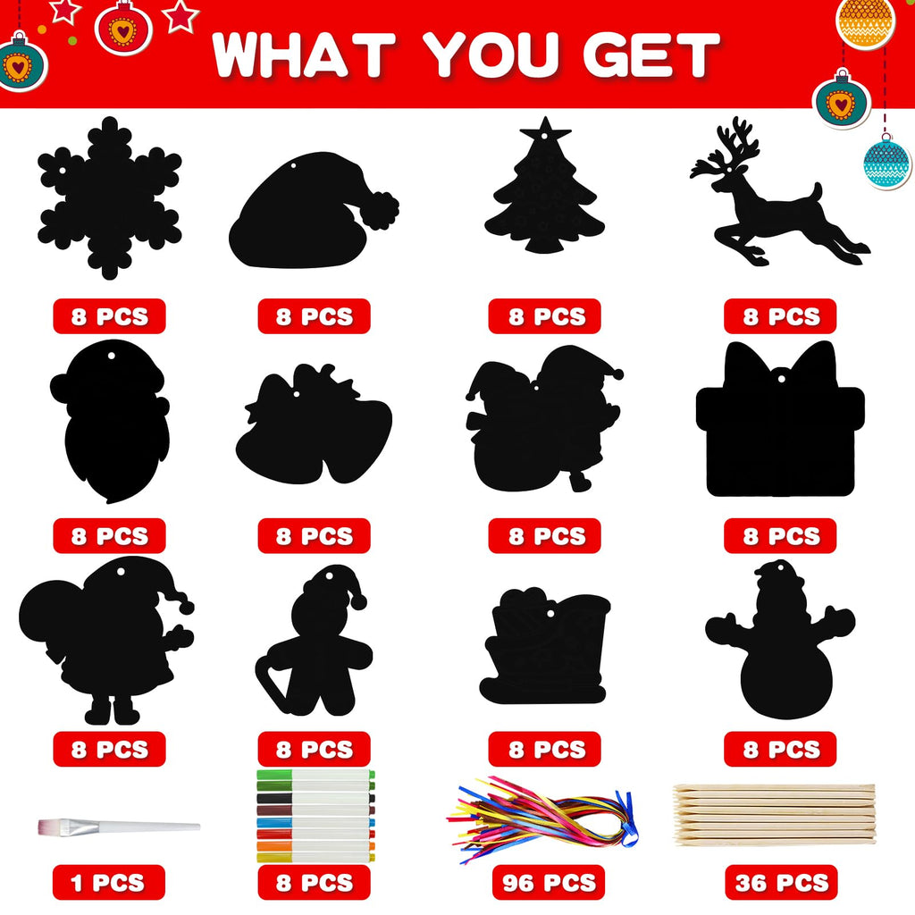 Max Fun Christmas Scratch Art Kit for Kids – 96 Pieces Rainbow Magic Scratch Off Ornaments