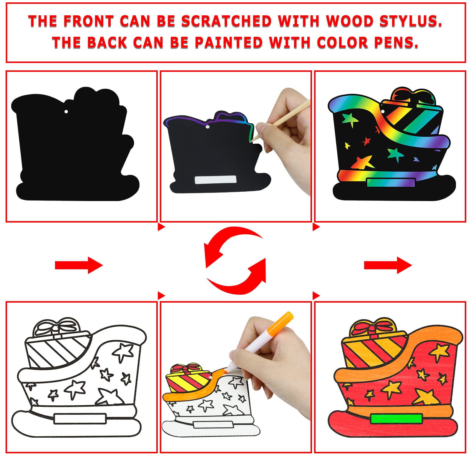 Max Fun Christmas Scratch Art Kit for Kids – 96 Pieces Rainbow Magic Scratch Off Ornaments