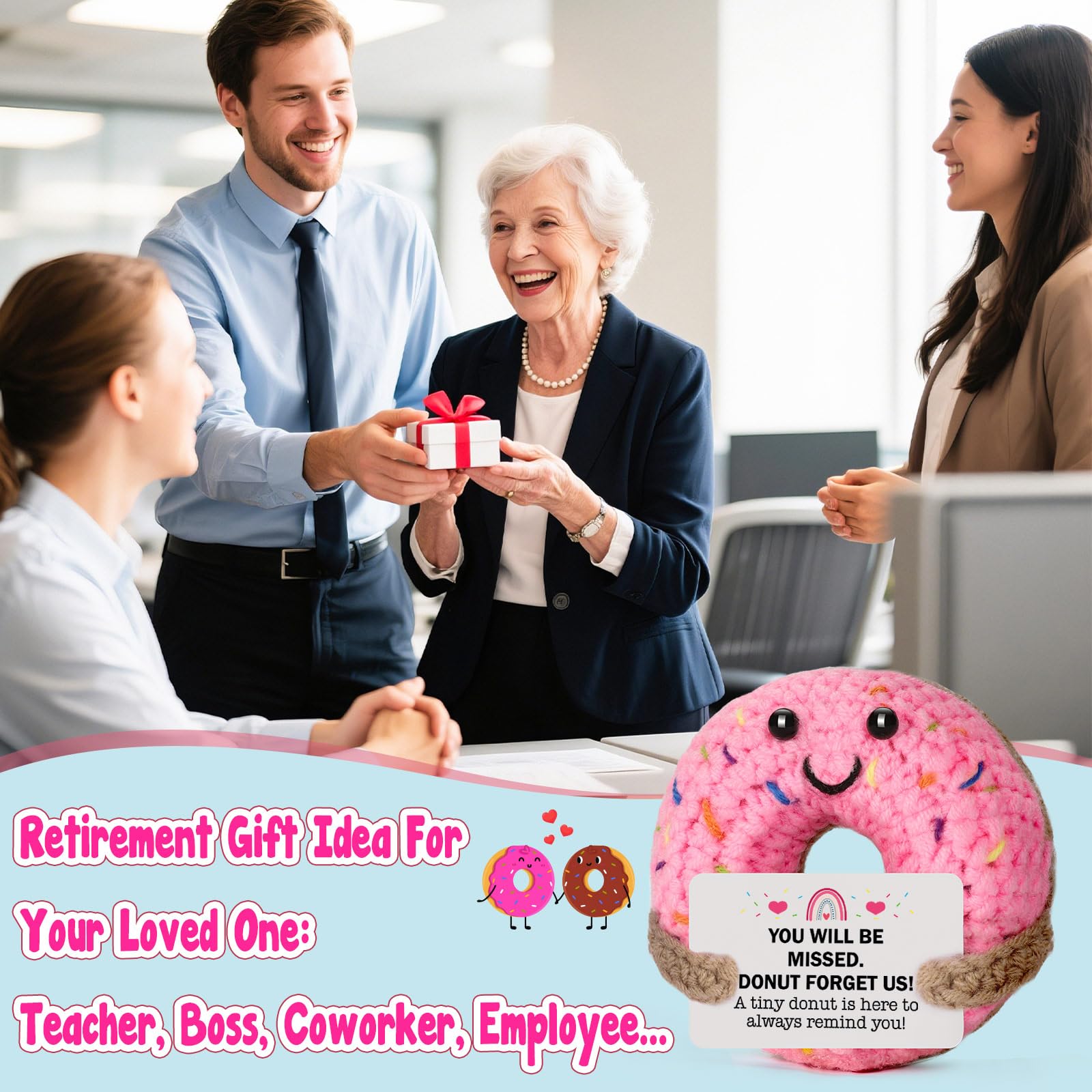 MBL Hand-Crocheted Donut Retirement Gift with 'Donut Forget Us' Message - 3.1 Inch Plush Keepsake for Women or Men
