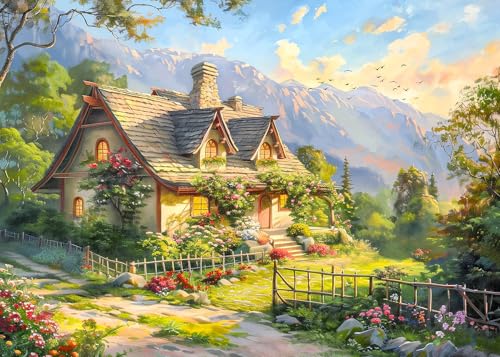 MBOQIU 1000 Piece Puzzle for Adults - Spring Cottage Scene with Letters on Back - 27.6 x 19.7 inches