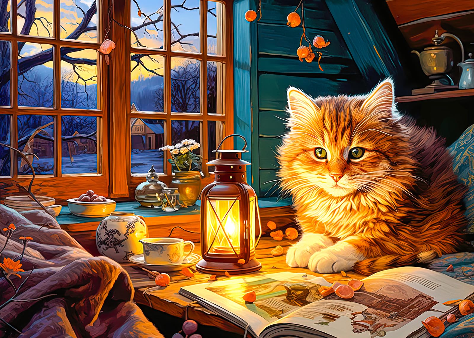 MBOQIU 1000 Piece Puzzle for Adults – Reading Cat Jigsaw with Letters on Back, 27.6 x 19.7 Inches, Cozy Scene