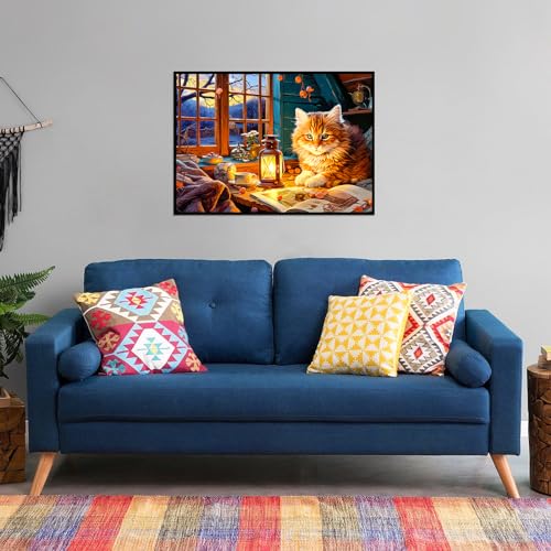 MBOQIU 1000 Piece Puzzle for Adults – Reading Cat Jigsaw with Letters on Back, 27.6 x 19.7 Inches, Cozy Scene