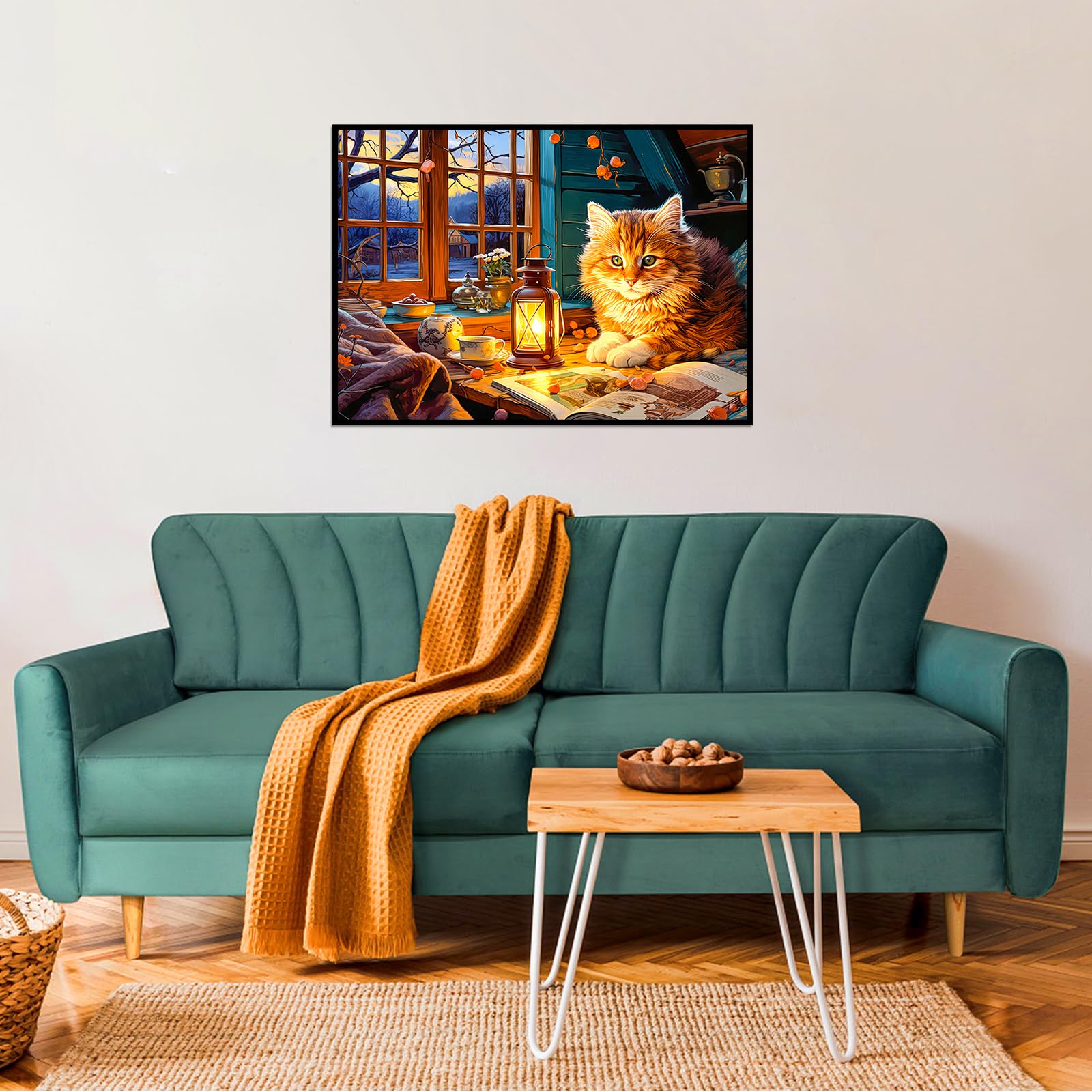 MBOQIU 1000 Piece Puzzle for Adults – Reading Cat Jigsaw with Letters on Back, 27.6 x 19.7 Inches, Cozy Scene