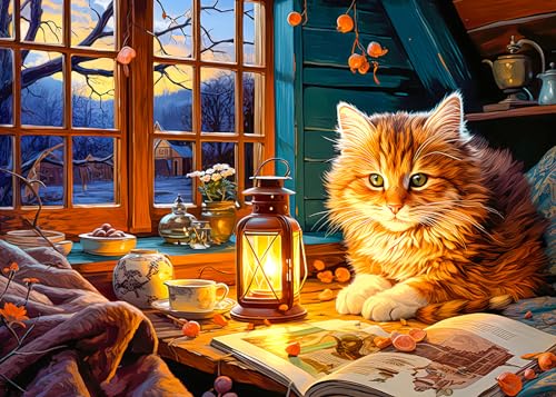MBOQIU 1000 Piece Puzzle for Adults – Reading Cat Jigsaw with Letters on Back, 27.6 x 19.7 Inches, Cozy Scene