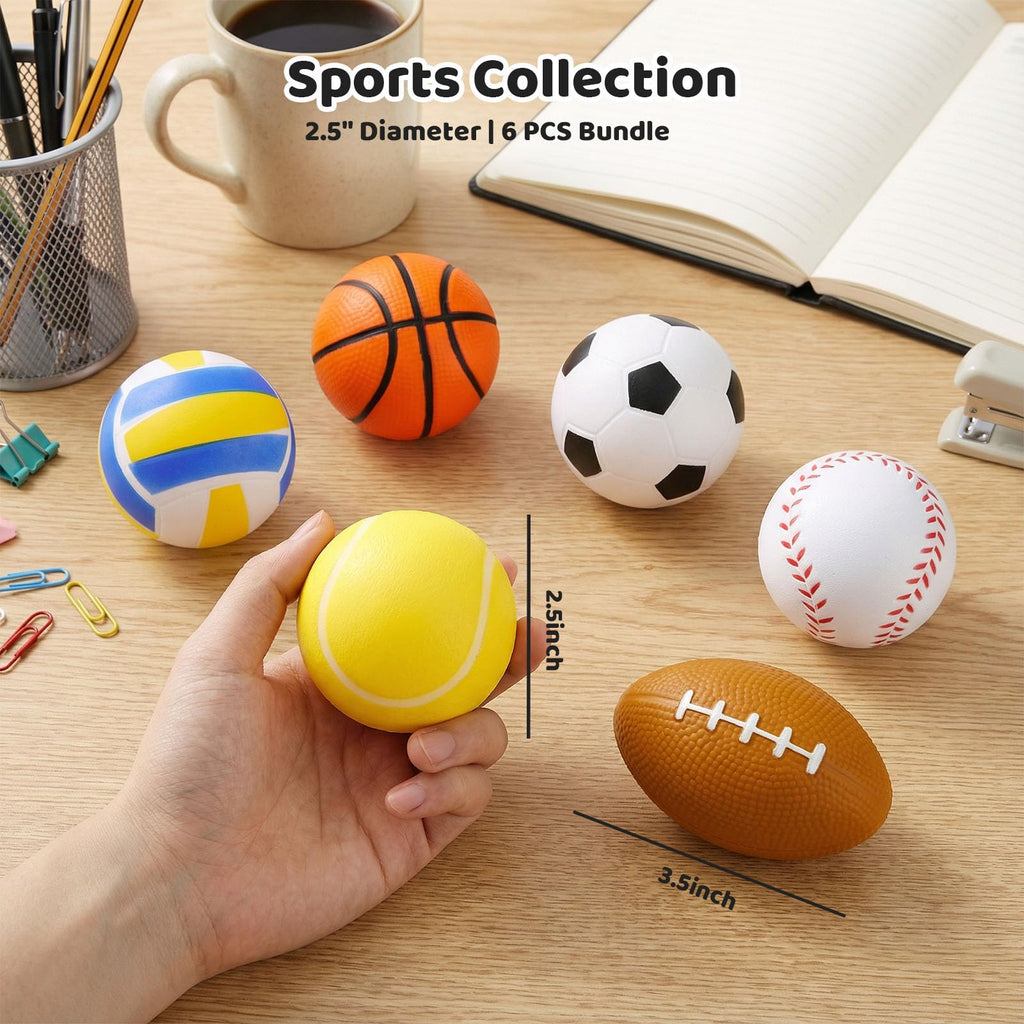 MCPINKY 6-Pack Foam Stress Balls – 2.5-Inch Mini Sports Balls (Basketball, Football, Baseball, Soccer, Tennis, Volleyball) – Silent Squeeze Toys for All Ages