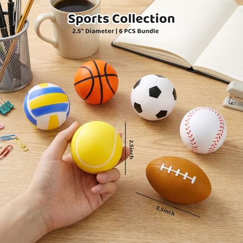 MCPINKY 6-Pack Foam Stress Balls – 2.5-Inch Mini Sports Balls (Basketball, Football, Baseball, Soccer, Tennis, Volleyball) – Silent Squeeze Toys for All Ages