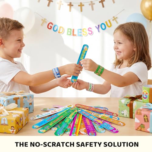 MCPINKY 64-Pack Christian Slap Bracelets with Bible Verses for Kids Sunday School Gifts