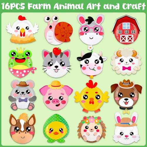 MDCGFOD 16 Pack Animal Paper Plate Craft Kit for Kids Ages 3-6 - Farm Theme DIY Art Project for Parties, Preschool, Classroom