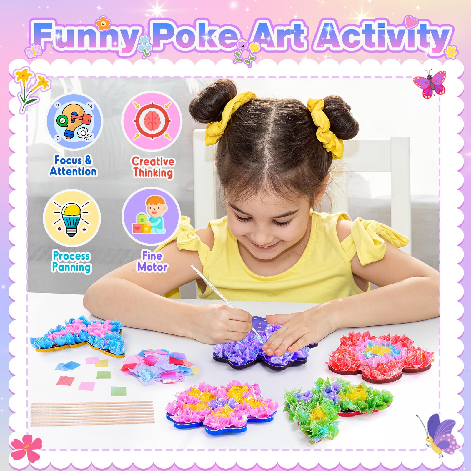MDINGTD Poke Art Flower Bouquet Craft Kit for Girls Ages 4-8 – 800 Fabric Squares, 8 Flowers & 2 Butterflies