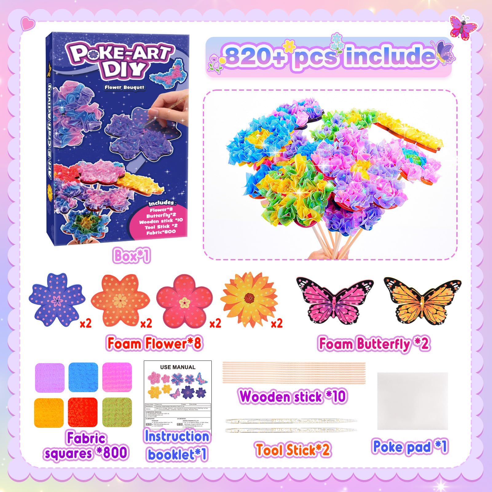 MDINGTD Poke Art Flower Bouquet Craft Kit for Girls Ages 4-8 – 800 Fabric Squares, 8 Flowers & 2 Butterflies