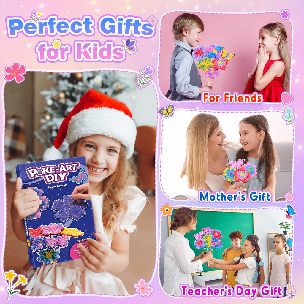 MDINGTD Poke Art Flower Bouquet Craft Kit for Girls Ages 4-8 – 800 Fabric Squares, 8 Flowers & 2 Butterflies