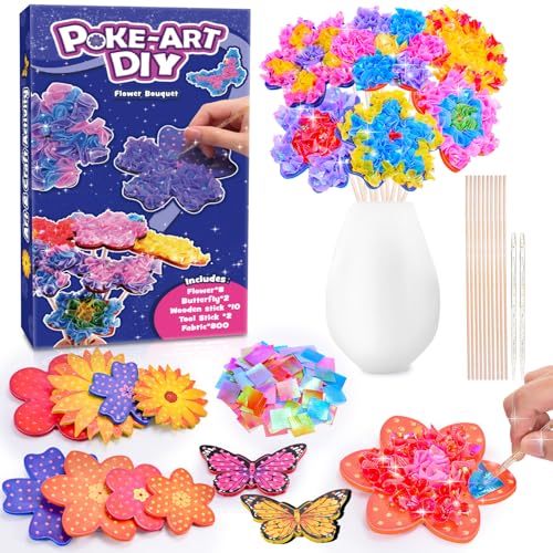 MDINGTD Poke Art Flower Bouquet Craft Kit for Girls Ages 4-8 – 800 Fabric Squares, 8 Flowers & 2 Butterflies