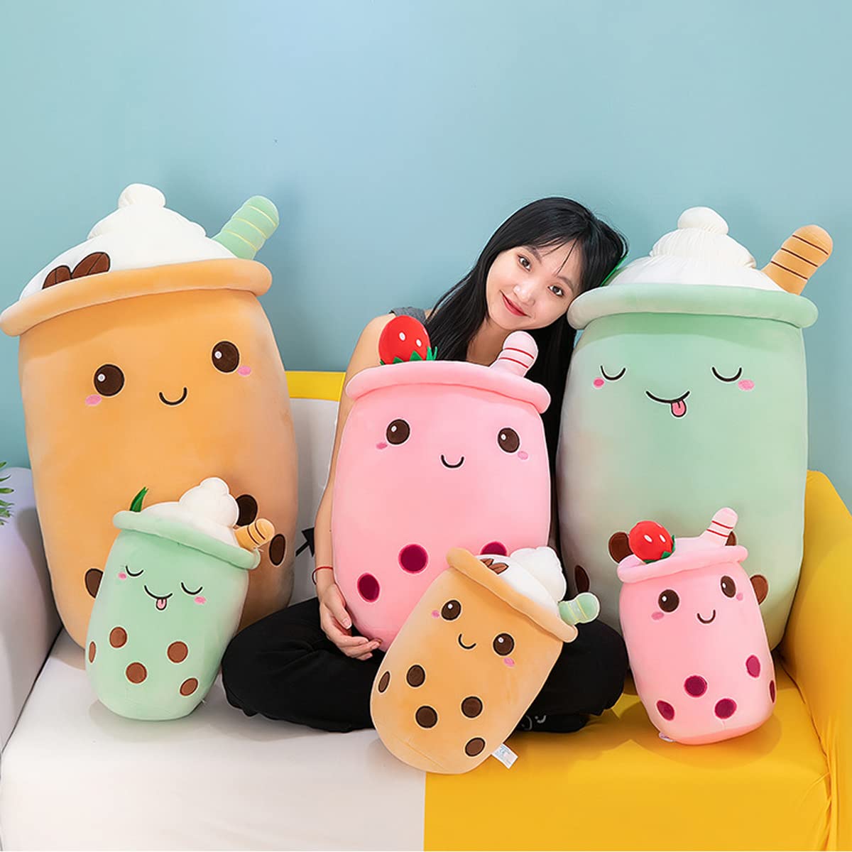 MDXMY Plush Stuffed Bubble Tea Pillow - Soft Cute Pearl Milk Tea Hug Pillow, 9.8 Inches, Pink Cream