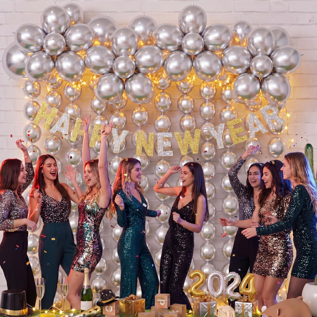 Meanplan 100 Pack 10-Inch Metallic Silver Link Balloons with Tails for Arches and Garlands