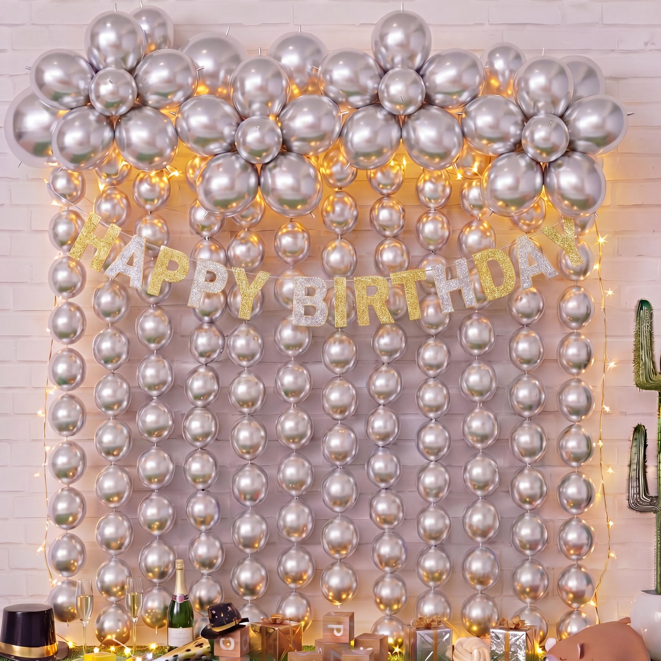 Meanplan 100 Pack 10-Inch Metallic Silver Link Balloons with Tails for Arches and Garlands