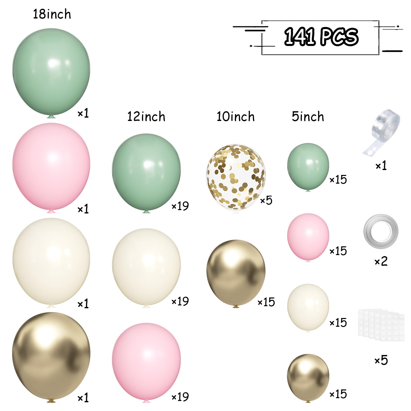 MEBAY 141-Piece Sage Green Balloon Arch Kit with Pink, Gold, and White