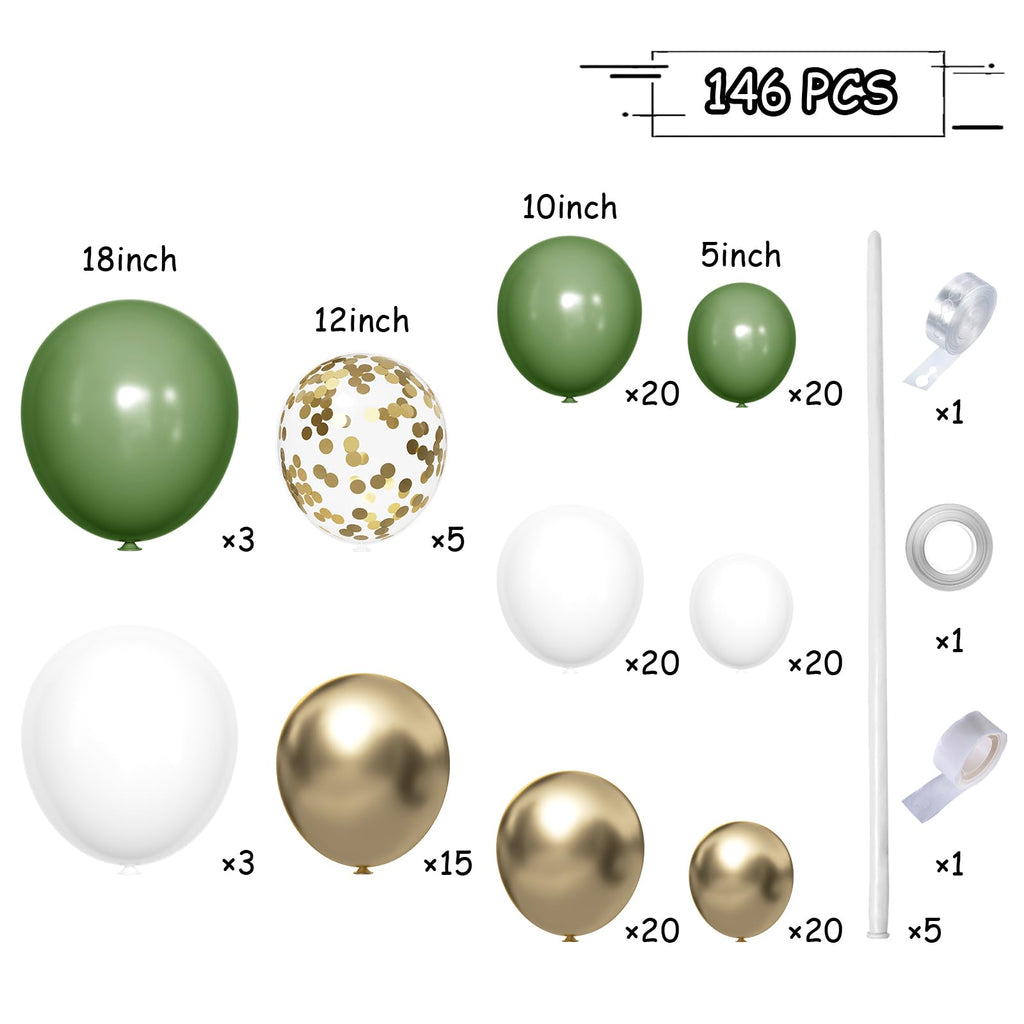MEBAY 146-Piece Avocado Green, Gold & White Balloon Arch Kit for Parties, Weddings & Baby Showers