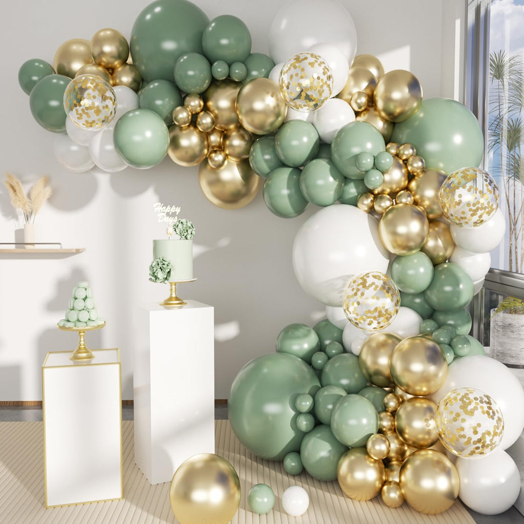 MEBAY 146-Piece Sage Green White Gold Balloon Garland Arch Kit – Latex Balloons in 18, 12, 10, 5 Inch Sizes for Baby Shower, Gender Reveal, Birthday Party Decor