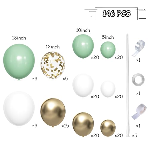MEBAY 146-Piece Sage Green White Gold Balloon Garland Arch Kit – Latex Balloons in 18, 12, 10, 5 Inch Sizes for Baby Shower, Gender Reveal, Birthday Party Decor