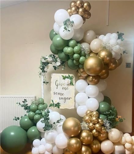 MEBAY 146-Piece Sage Green White Gold Balloon Garland Arch Kit – Latex Balloons in 18, 12, 10, 5 Inch Sizes for Baby Shower, Gender Reveal, Birthday Party Decor
