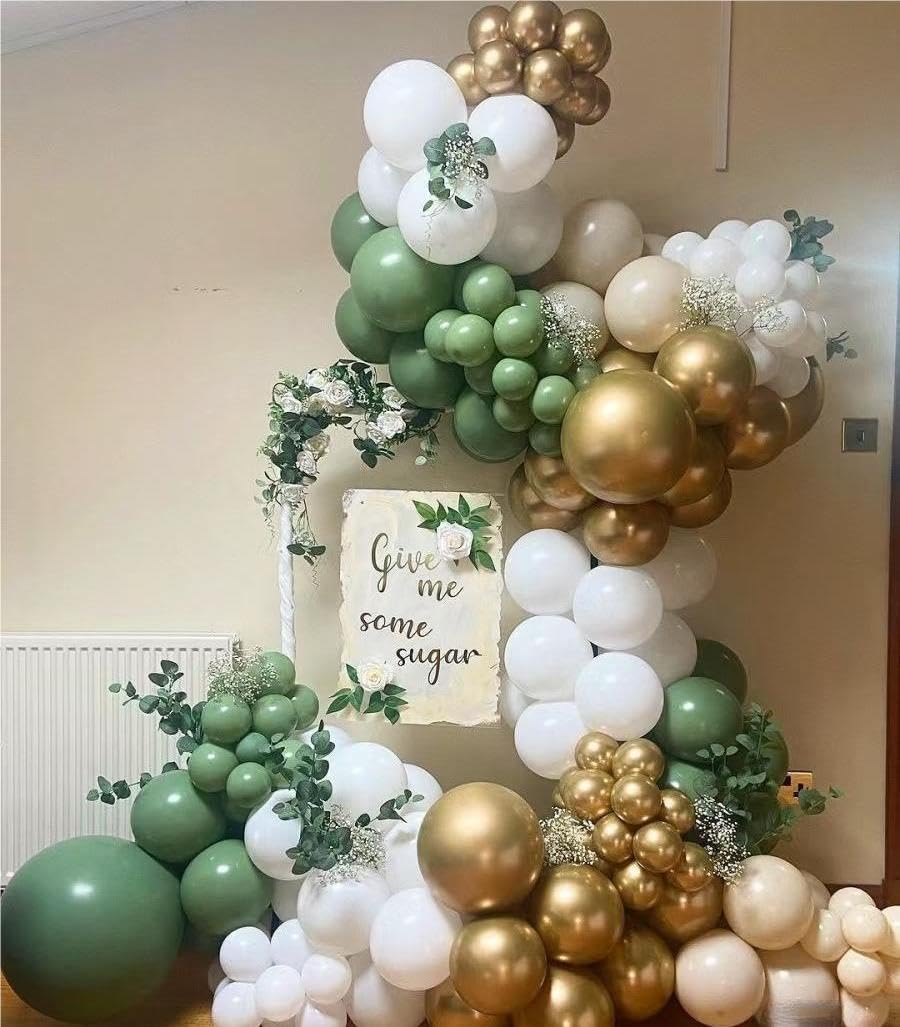 MEBAY 146-Piece Sage Green White Gold Balloon Garland Arch Kit – Latex Balloons in 18, 12, 10, 5 Inch Sizes for Baby Shower, Gender Reveal, Birthday Party Decor