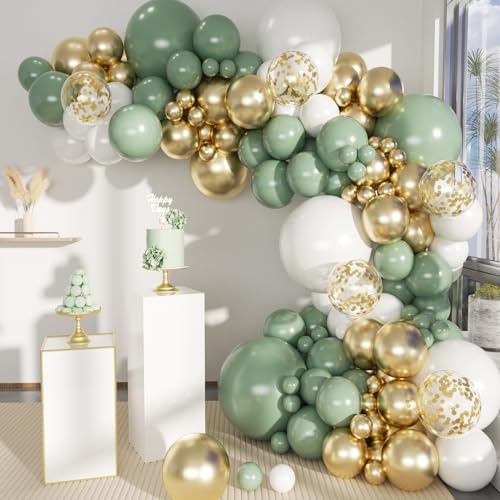 MEBAY 146-Piece Sage Green White Gold Balloon Garland Arch Kit – Latex Balloons in 18, 12, 10, 5 Inch Sizes for Baby Shower, Gender Reveal, Birthday Party Decor