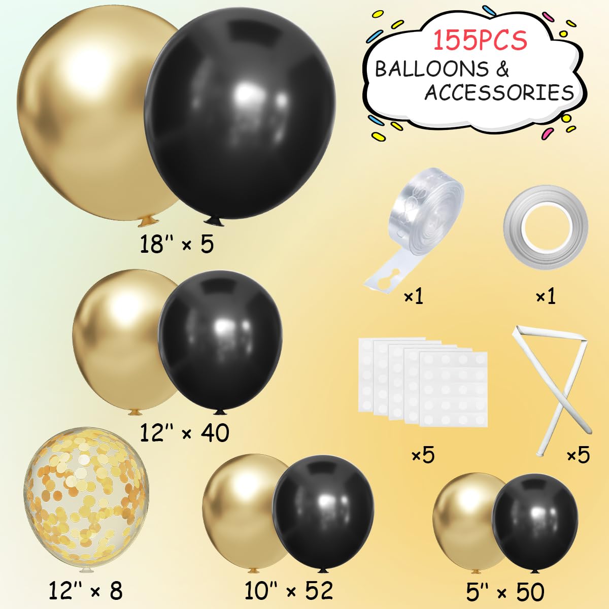 MEBAY 155Pcs Black and Gold Balloon Arch Kit with Confetti – Graduation, Birthday, Wedding Party Decor