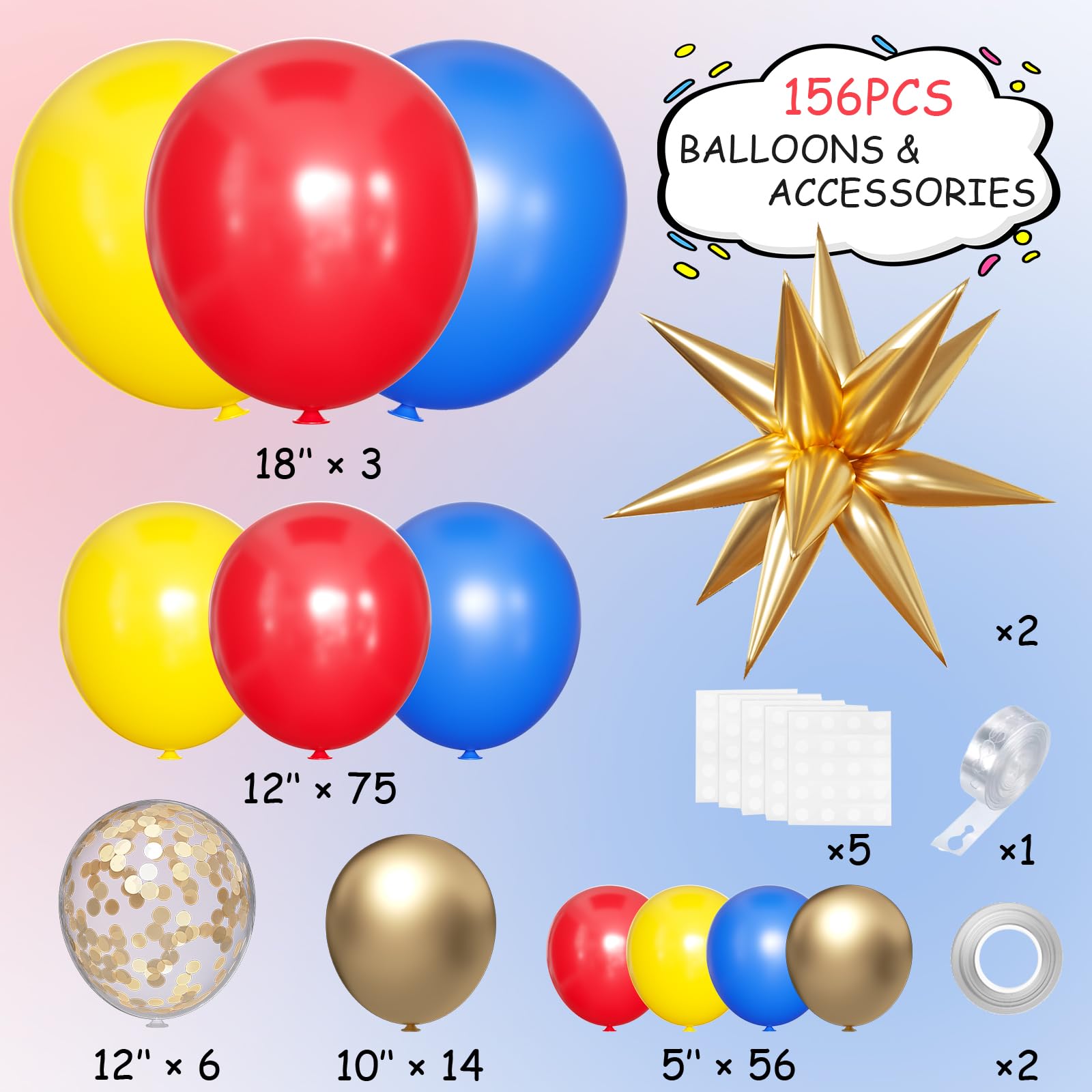 MEBAY 156-Piece Blue Yellow Red Gold Balloon Arch Kit with 4D Stars for Party Decorations