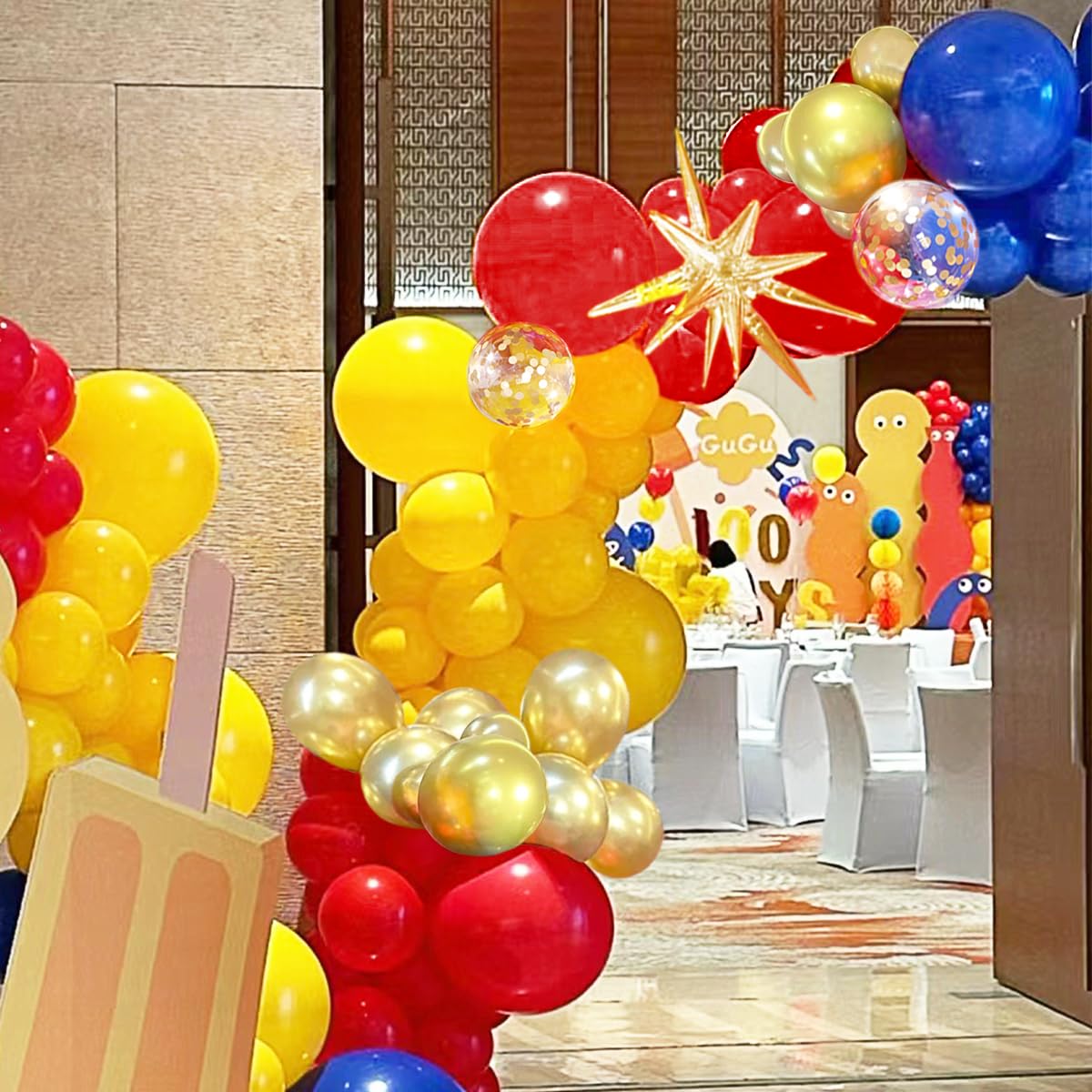 MEBAY 156-Piece Blue Yellow Red Gold Balloon Arch Kit with 4D Stars for Party Decorations