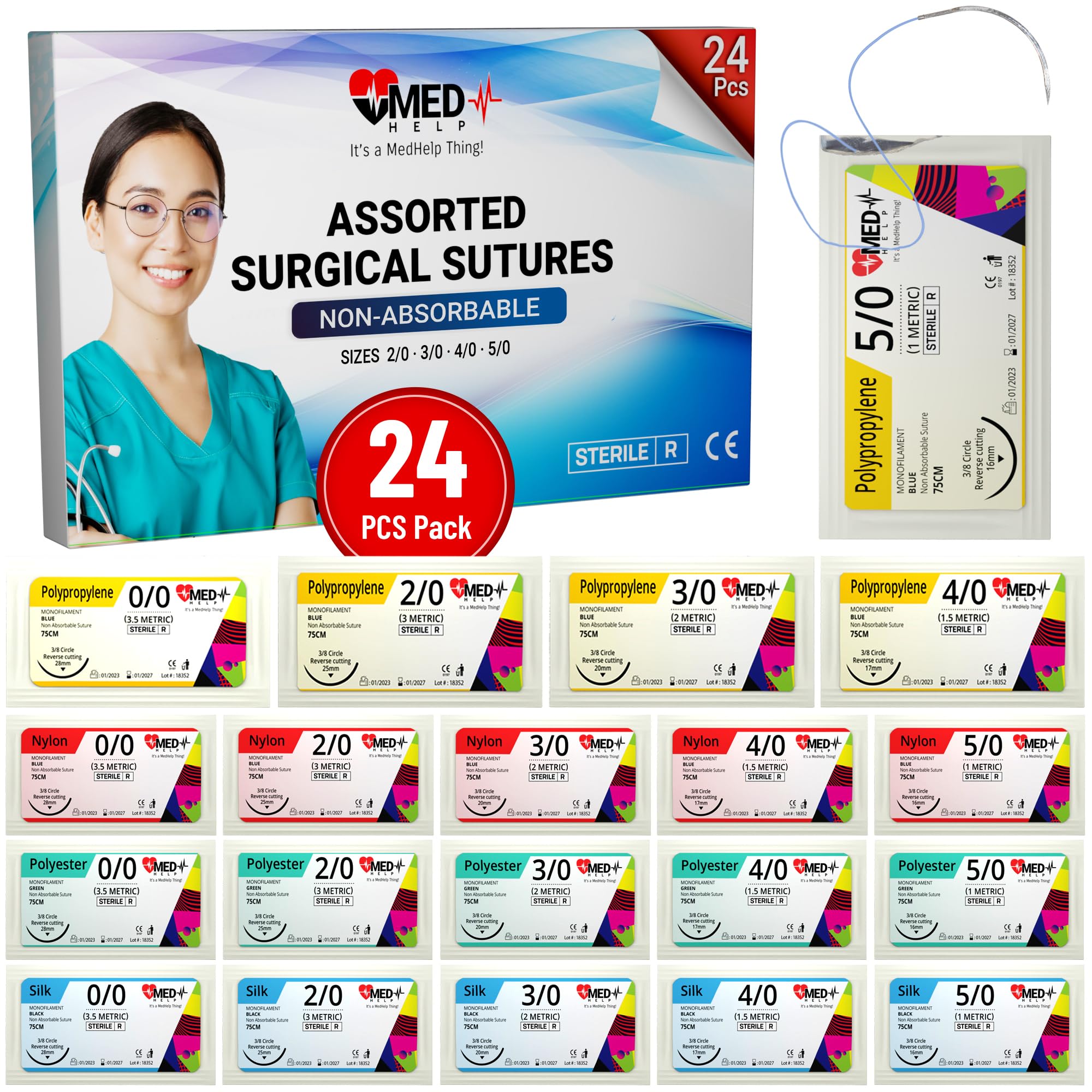 MedHelp 24-Pack Suture Practice Kit – Mixed 2/0, 3/0, 4/0 Threads with Needles, Educational Training Only