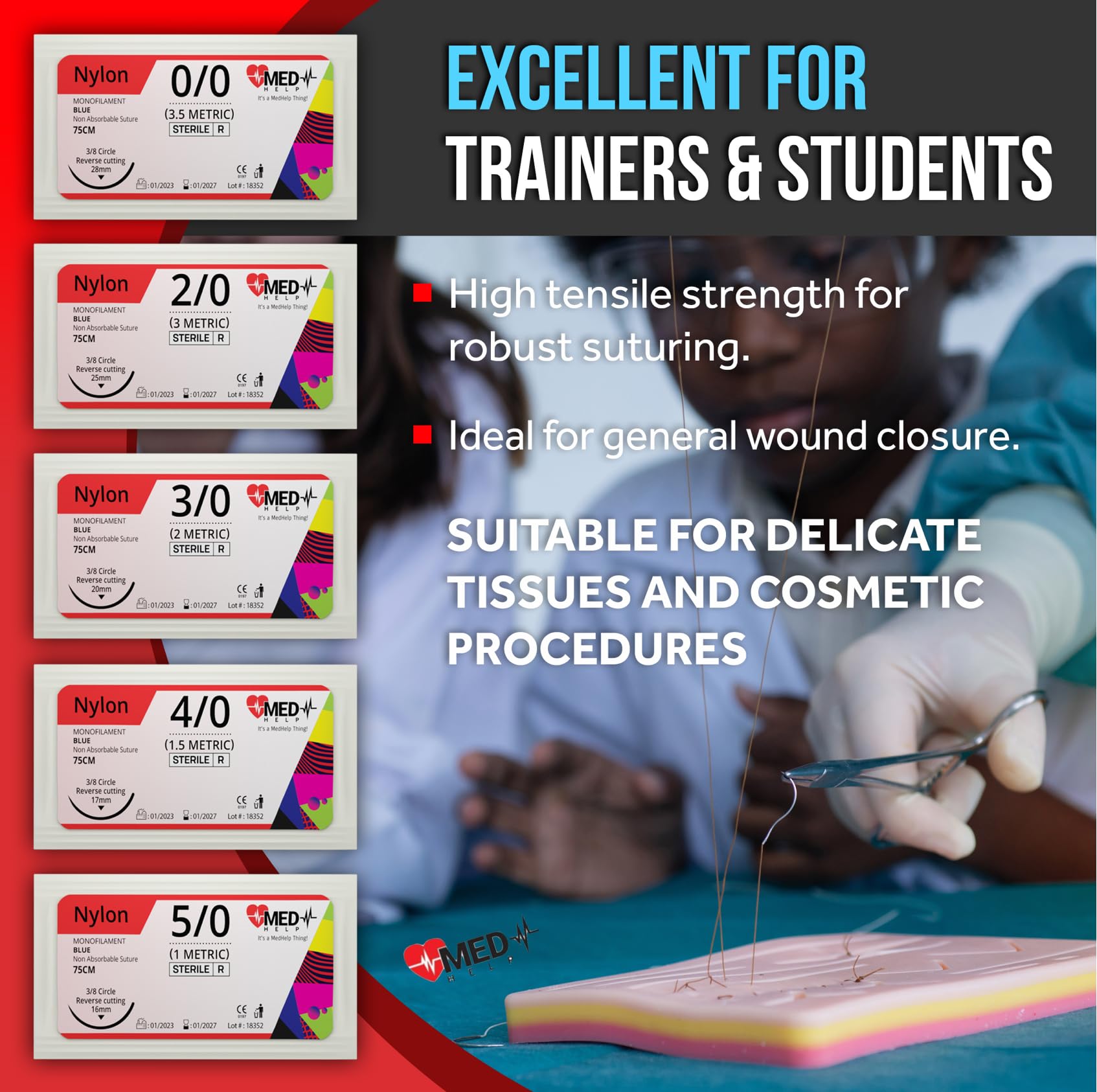 MedHelp 24-Pack Suture Practice Kit – Mixed 2/0, 3/0, 4/0 Threads with Needles, Educational Training Only