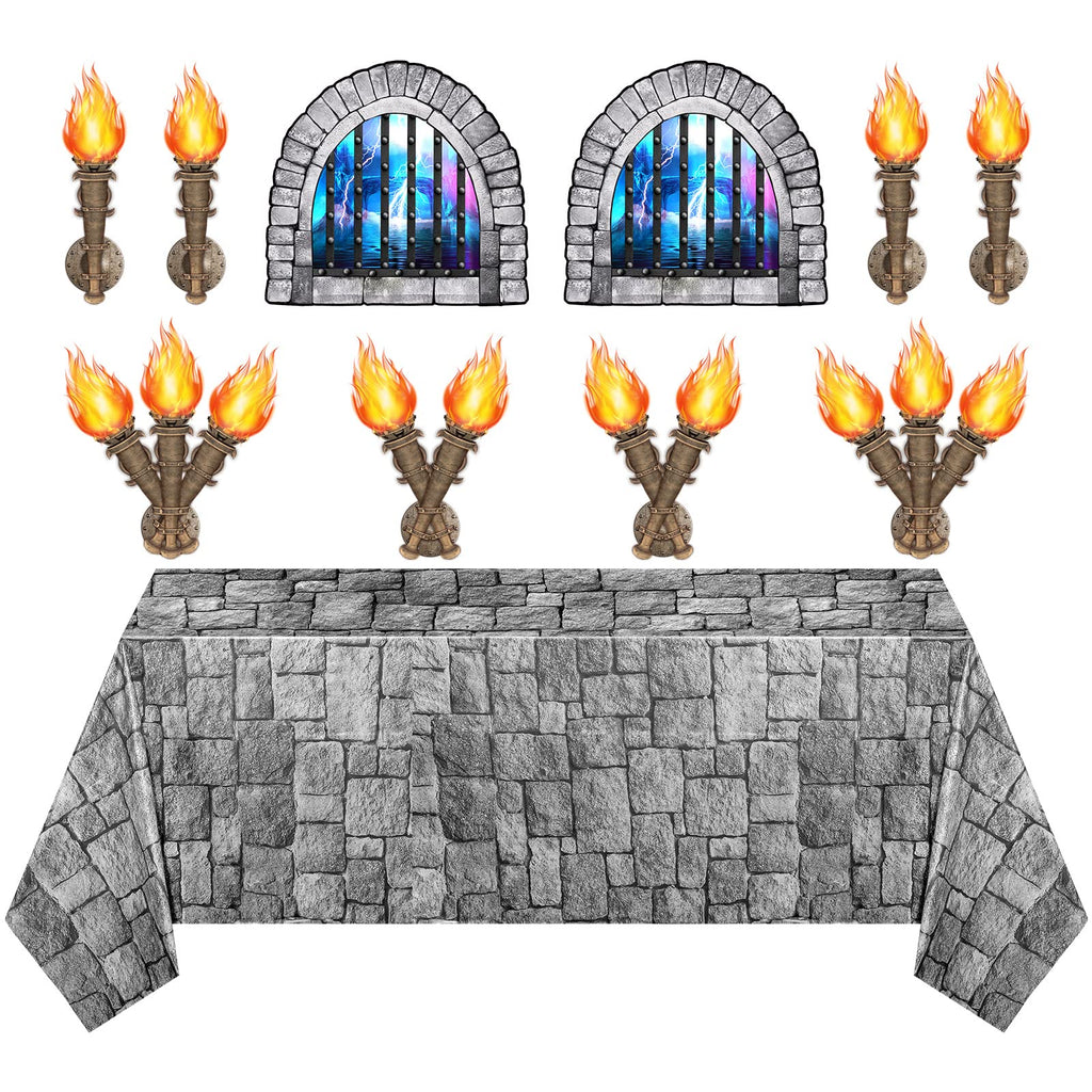 Medieval Castle Party Decorations: 11-Piece Set with Brick Tablecloth and Window & Torch Stickers