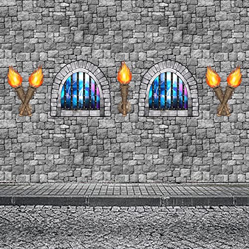 Medieval Castle Party Decorations: 11-Piece Set with Brick Tablecloth and Window & Torch Stickers