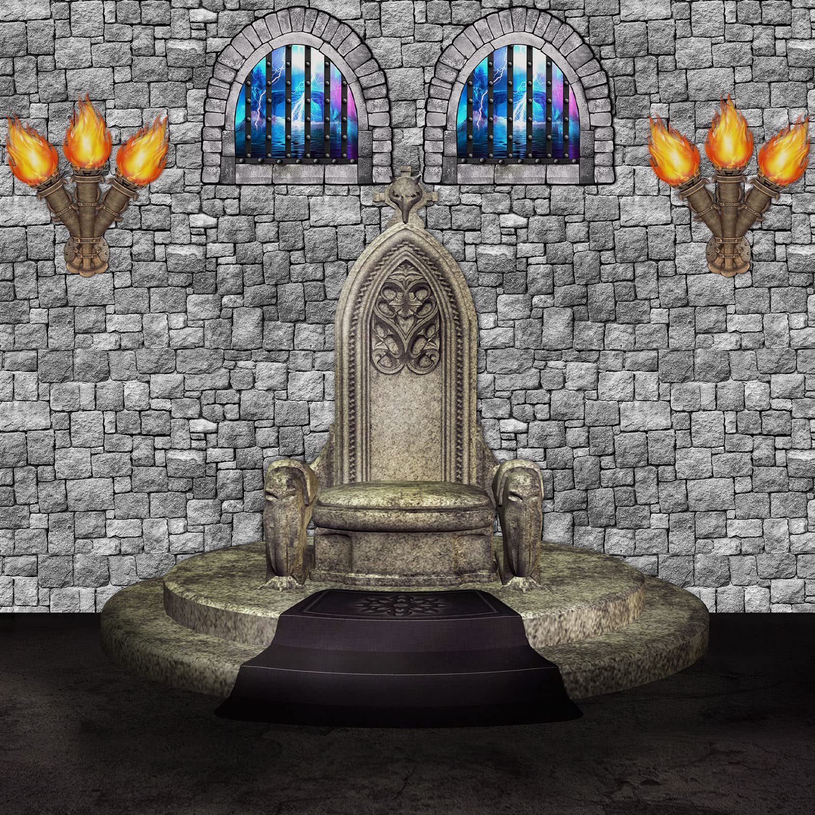 Medieval Castle Party Decorations: 11-Piece Set with Brick Tablecloth and Window & Torch Stickers