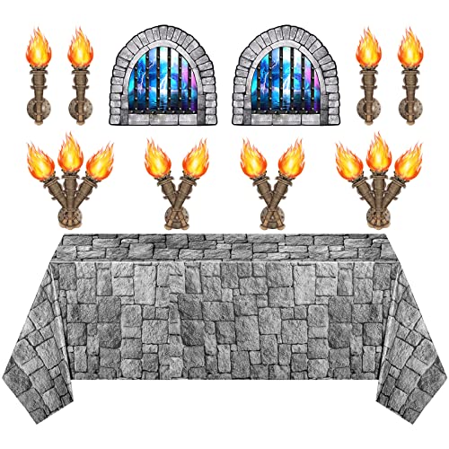 Medieval Castle Party Decorations: 11-Piece Set with Brick Tablecloth and Window & Torch Stickers